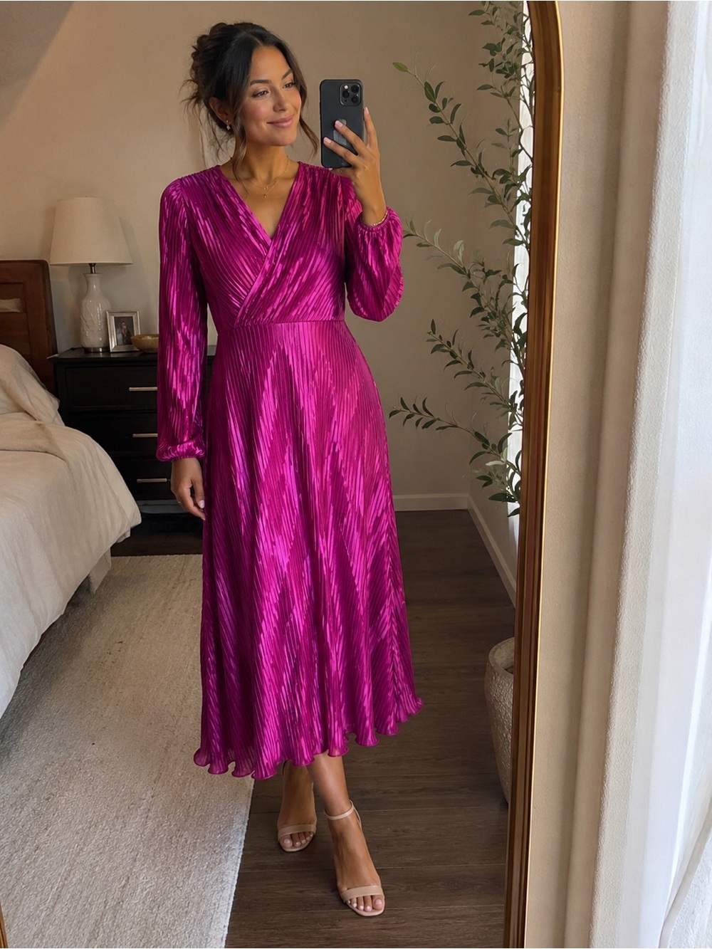 Kensie Magenta Pleated Wrap Midi Dress with Long Sleeves